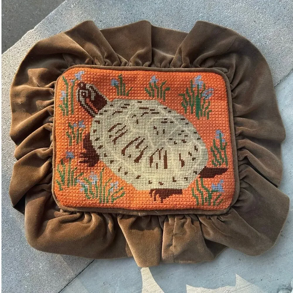 Vintage handmade needlepoint turtle pillow sham brown velvet ruffle orange